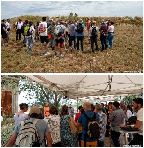 1. Visite du site de la carrière de la Ménudelle après une opération de transfert de sol, de foins et de dépotoirs de fourmi. 2. Discours de présentation de la carrière par son directeur après le déjeuner servi sur place à l'ombre des barnums.